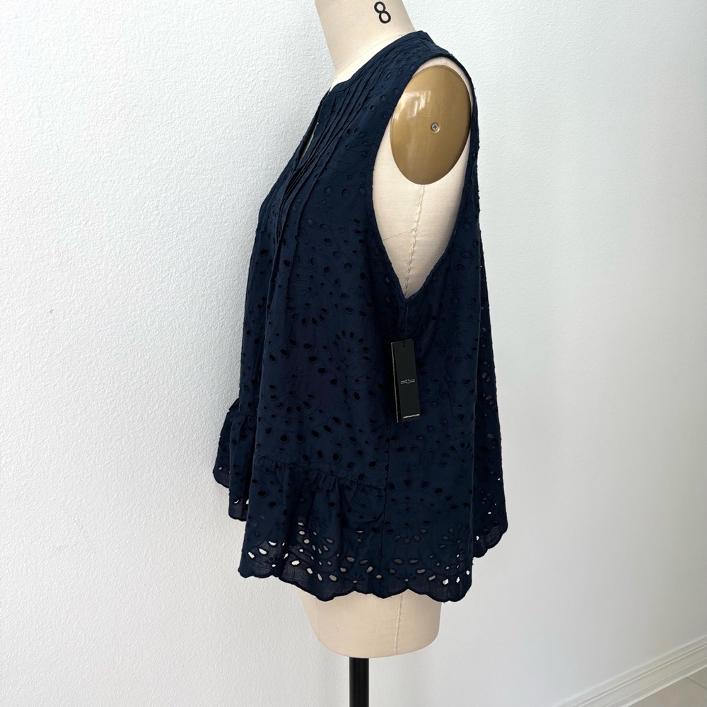 Liverpool Sleeveless Eyelet Top NWT Navy Blue Scalloped Hem Swing Silhouette L - Picture 4 of 10
